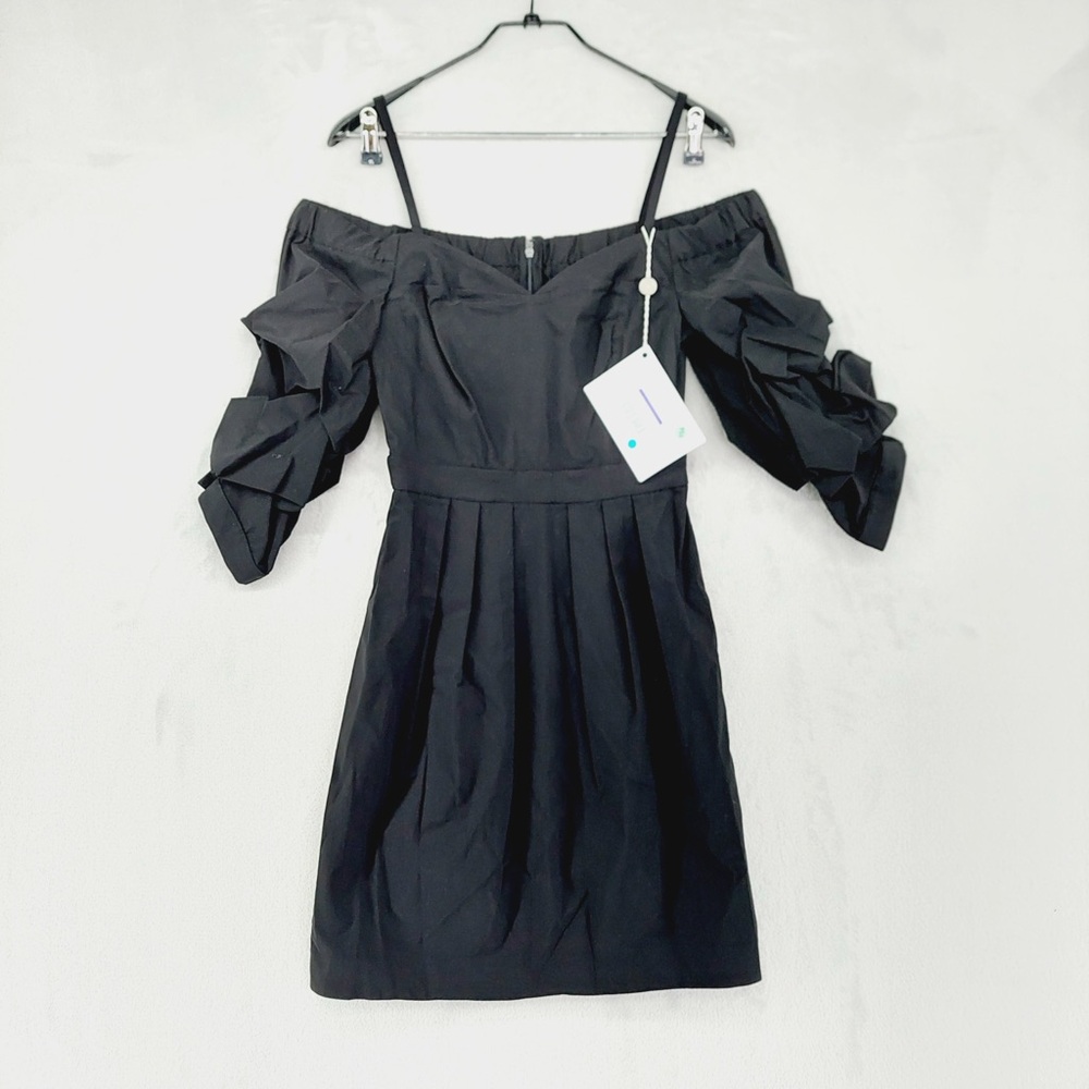 NEW Annarita N Black Off Shoulder Pleated Short Puff Sleeve Midi Dress P2222
